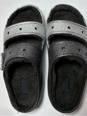 CROCS Glitter Slide Sandals in Silver and Black